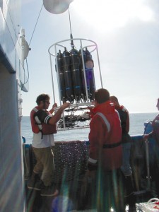Deployment of the CTD and water collection system that measures salinity and temperature continuously during its vertical descent to the ocean floor, up to 2200 m below the vessel.