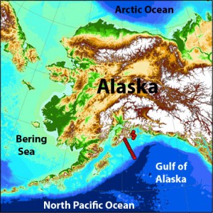 Location of the Seward line oceanographic survey transect in the Gulf of Alaska (red).