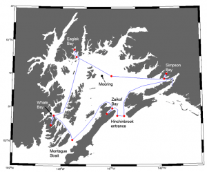 Map of Prince William Sound showing stationary mooring site (black) and vessel-based sampling stations (red).   
